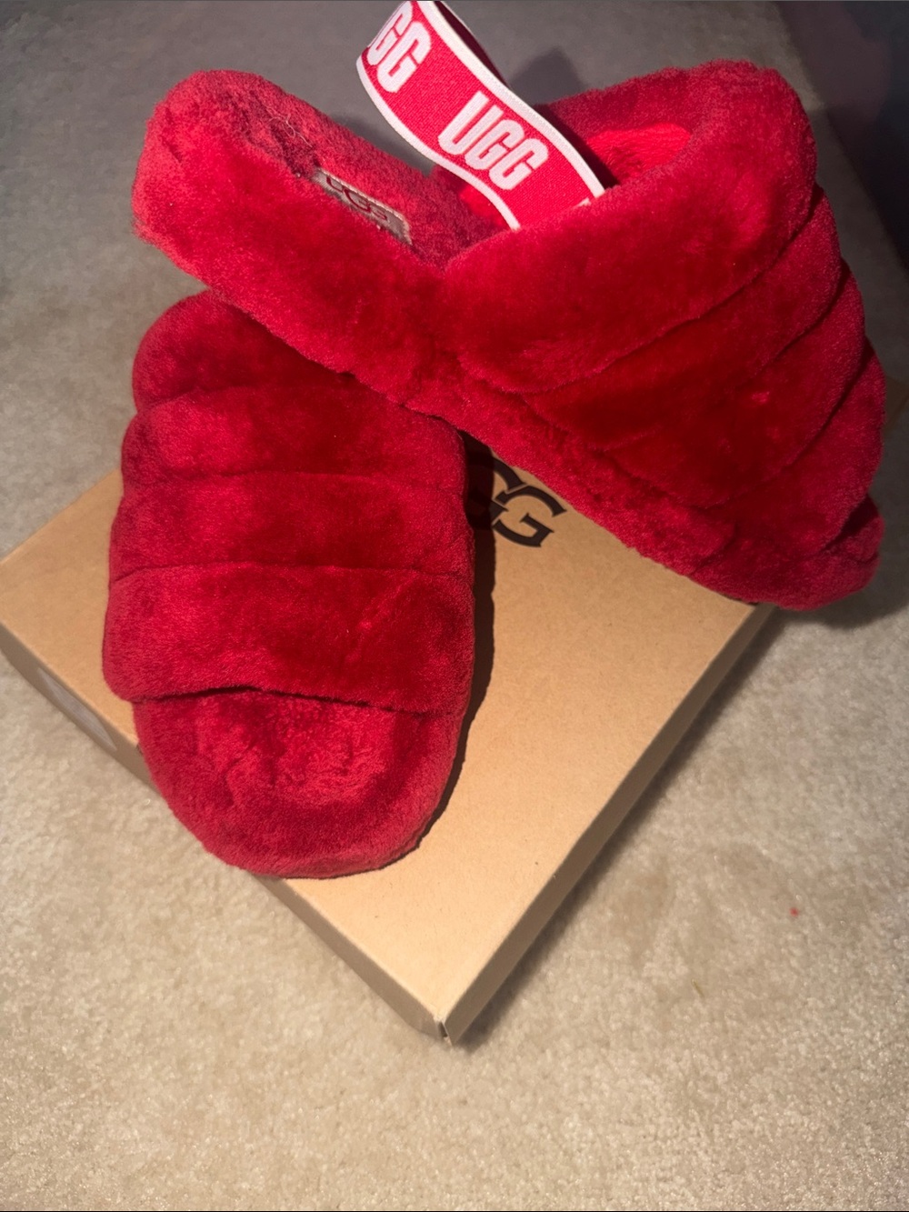 UGG Red Plush Fluff Yeah Slide with Branded Backstrap